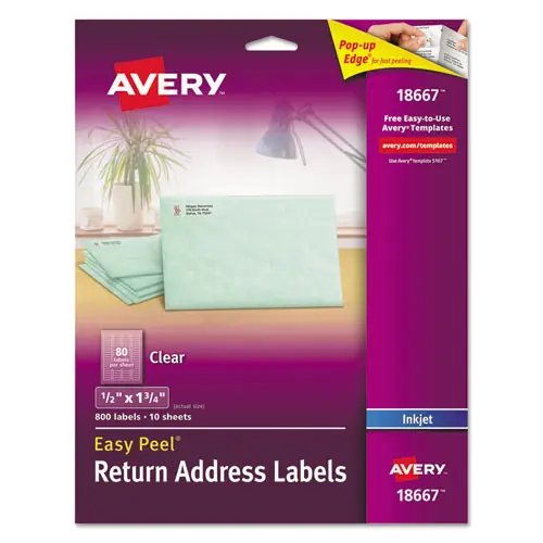 Avery® Matte Clear Easy Peel Mailing Labels with Sure Feed Technology, Inkjet Printers - 0.5" x 1.75", Clear, 80 Labels/Sheet, 10 Sheets/Pack