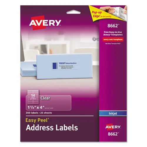 Avery® Matte Clear Easy Peel Mailing Labels with Sure Feed Technology for Inkjet Printers, 1.33" x 4", Clear, 14 Labels/Sheet, 25 Sheets/Pack