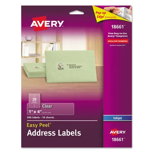 Avery® Matte Clear Easy Peel Mailing Labels w/ Sure Feed Technology, Inkjet Printers, Clear, 1" x 4", 20 Labels/Sheet, 10 Sheets/Pack