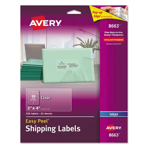 Avery® Matte Clear Easy Peel Mailing Labels with Sure Feed Technology, 2 x 4, Clear, 250 Labels