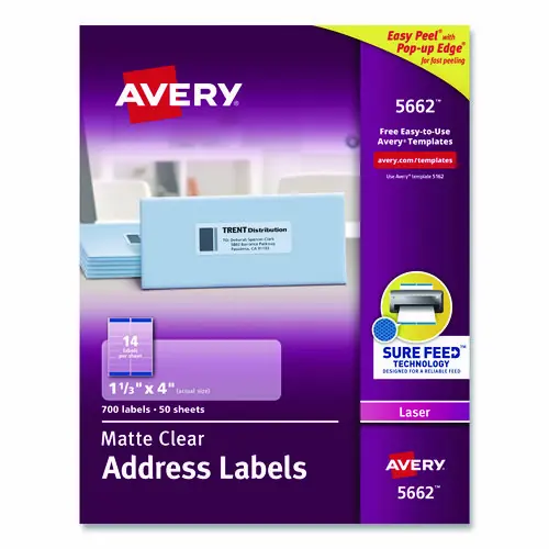 Avery® Matte Clear Easy Peel Mailing Labels w/ Sure Feed Technology for Laser Printers, 1.33 x 4, Clear, 14 Labels/Sheet, 50 Sheets/Box