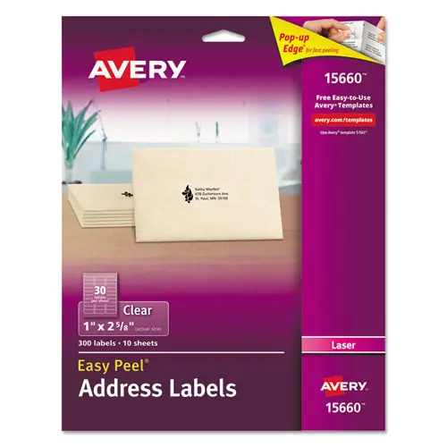 Avery® Matte Clear Easy Peel Mailing Labels with Sure Feed Technology, for Laser Printers, 1 x 2.63, Clear, 300 Labels (30/Sheet, 10 Sheets/Pack)