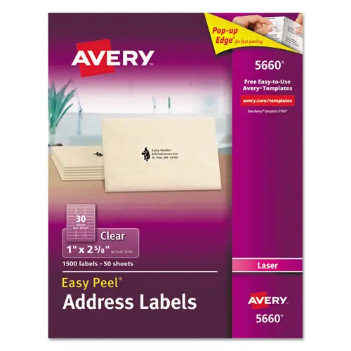 Avery® Matte Clear Easy Peel Mailing Labels w/ Sure Feed Technology for Laser Printers, 1" x 2.63", Clear, 30 Labels/Sheet, 50 Sheets/Box