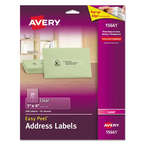 Avery® Matte Clear Easy Peel Mailing Labels with Sure Feed Technology, Laser Printers, 1" x 4", Clear, 200 Labels (20/Sheet, 10 Sheets/Pack)