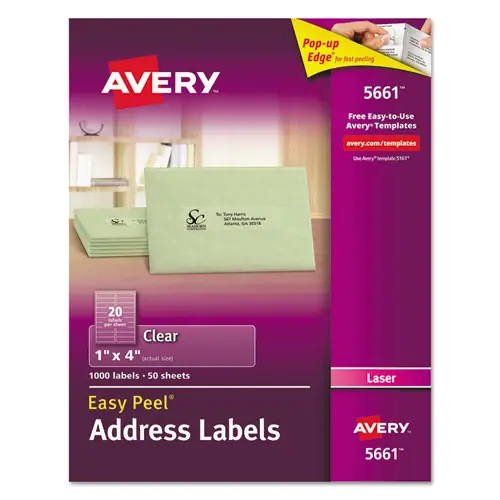 Avery® Matte Clear Easy Peel Mailing Labels with Sure Feed Technology, Laser Printers, 1" x 4", Clear, 20 Labels/Sheet, 50 Sheets/Box