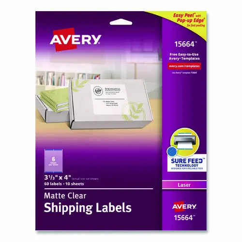 Avery® Matte Clear Easy Peel Mailing Labels with Sure Feed Technology, Laser Printers, 3.33 x 4 Inch, 6 Labels per Sheet, 10 Sheets per Pack, Clear