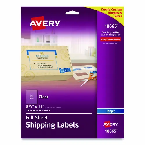 Avery® Matte Clear Shipping Labels, Inkjet Printers, 8.5 x 11, Clear, 10/Pack