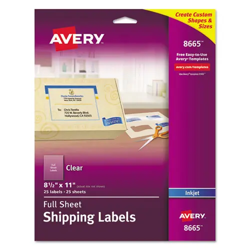 Avery® Matte Clear Shipping Labels, Inkjet Printers, 8.5 x 11, Clear, 25/Pack
