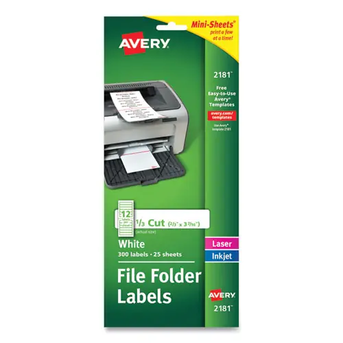 Avery® Mini-Sheets Permanent File Folder Labels, White, 12 Labels/Sheet, 25 Sheets/Pack