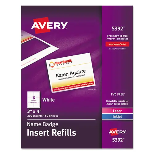 Avery® Name Badge Insert Refills, Horizontal/Vertical, 3 x 4, White, 300/Box