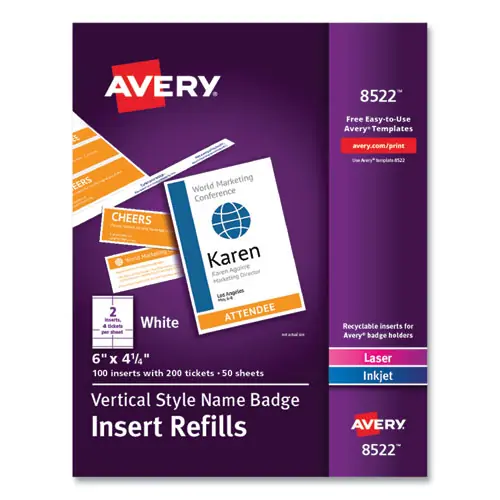 Avery® Name Badge Insert Refills, Vertical, 4 1/4" x 6", White, 100/Pack