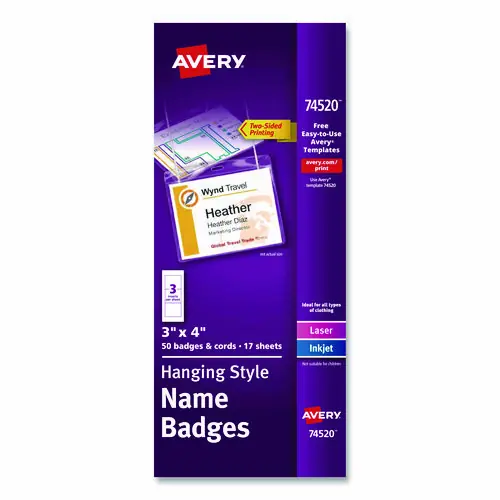 Avery® Necklace-Style Badge Holder with Laser/Inkjet Inserts, Top Load, 4" x 3", White, 50/Box