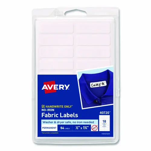 Avery® No-Iron Fabric Labels, White, 18/Sheet, 3 Sheets/Pack