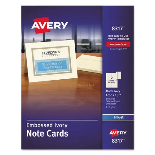 Avery® Note Cards with Matching Envelopes, Inkjet, 80 lb, Embossed Matte Ivory, 60 Cards, 2 Cards/Sheet, 30 Sheets/Pack