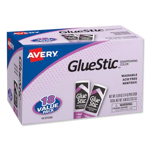 Avery® Permanent Glue Stic Value Pack, 18 Sticks, Purple Application, Dries Clear, 0.26 oz Each