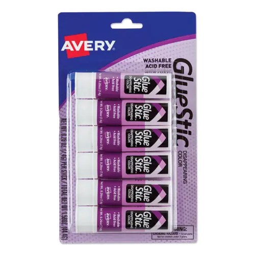 Avery® Permanent Glue Stic Value Pack, 6 Glue Sticks, 0.26 oz Each, Applies Purple, Dries Clear