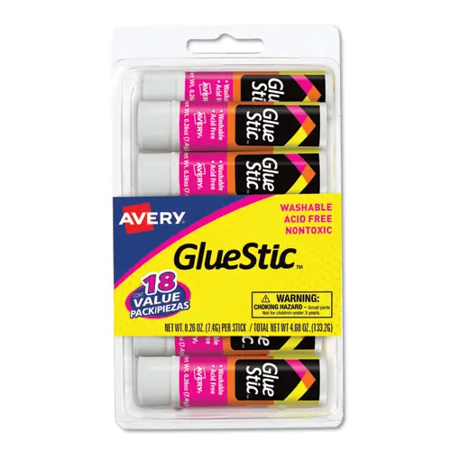 Avery® Permanent Glue Stic Value Pack, 0.26 oz, Applies White, Dries Clear, 18/Pack