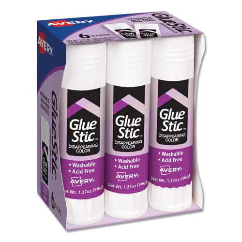 Avery® Permanent Glue Stic Value Pack, 6 Pack, 1.27 oz Each, Applies Purple, Dries Clear