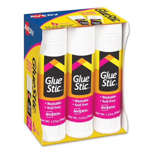 Avery® Permanent Glue Stic Value Pack, 6 Glue Sticks, 1.27 oz Each, Applies White, Dries Clear