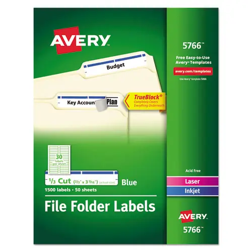 Avery® Permanent TrueBlock File Folder Labels with Sure Feed Technology, Blue/White, 30/Sheet, 50 Sheets/Box
