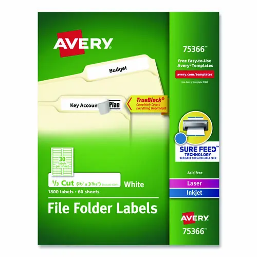 Avery® Permanent TrueBlock File Folder Labels with Sure Feed Technology, White, 0.66 x 3.44, 30 Labels/Sheet, 60 Sheets/Box