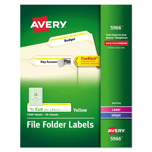Avery® Permanent TrueBlock File Folder Labels with Sure Feed Technology, Yellow/White, 30/Sheet, 50 Sheets/Box