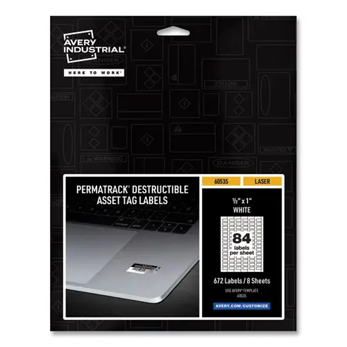 Avery® PermaTrack Destructible Asset Tag Labels, Laser Printers, White, 0.5 x 1, 84 Labels/Sheet, 8 Sheets/Pack