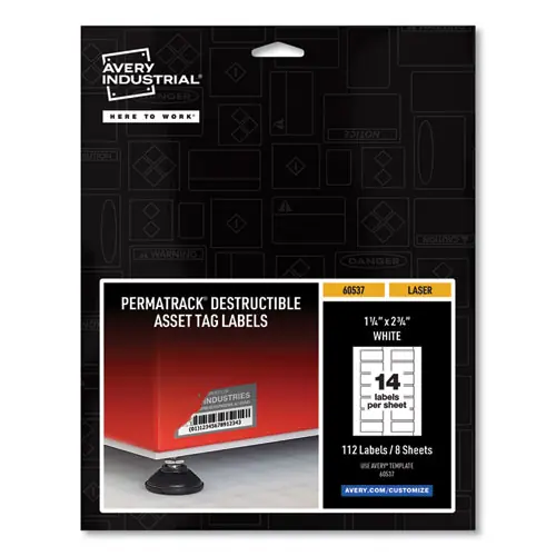 Avery® PermaTrack Destructible Asset Tag Labels, Laser Printers, White, 1.25" x 2.75", 14 Labels/Sheet, 8 Sheets/Pack