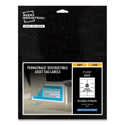 Avery® PermaTrack Destructible Asset Tag Labels for Laser Printers, White, 2 x 3.75, 8 Labels/Sheet, 8 Sheets/Pack