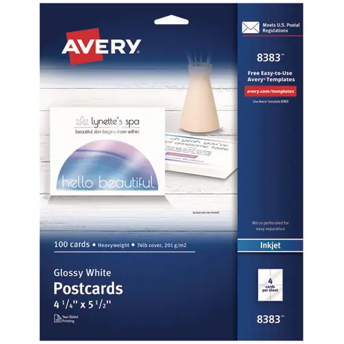 Avery® Photo-Quality Printable Postcards, Inkjet, 74 lb, 4.25 x 5.5, Glossy White, 100 Cards