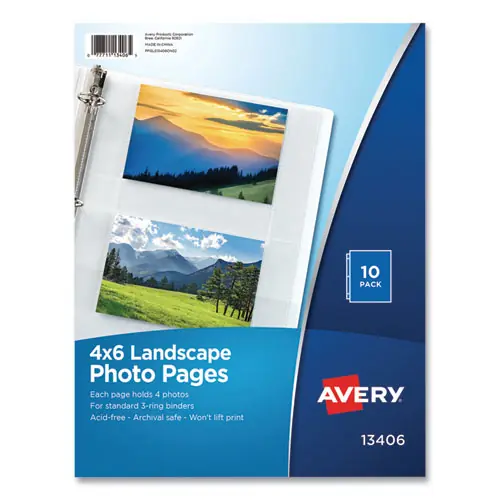 Avery® Photo Storage Pages for Four 4 x 6 Horizontal Photos, 3-Hole Punched, 10/Pack