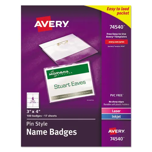 Avery® Pin-Style Badge Holder with Laser/Inkjet Insert, Top Load, 4 x 3, White, 100/Box