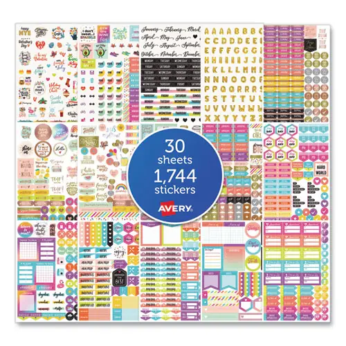 Avery® Planner Sticker Variety Pack, Budget, Fitness, Motivational, Seasonal, Work, Assorted Colors, 1,744/Pack