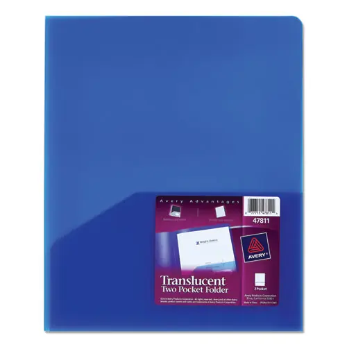 Avery® Plastic Two-Pocket Folder, Translucent Blue, 20-Sheet Capacity, Letter Size 11 x 8.5
