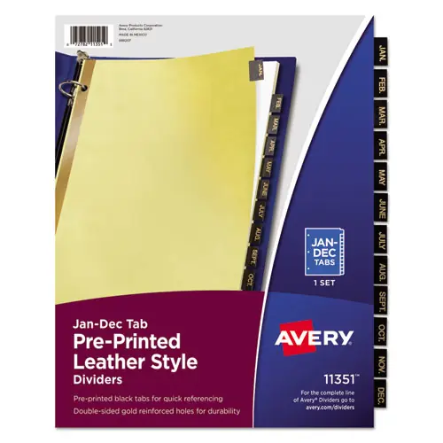 Avery® Preprinted Black Leather Tab Dividers w/Gold Reinforced Edge, 12-Tab, Jan. to Dec., 11 x 8.5, Buff