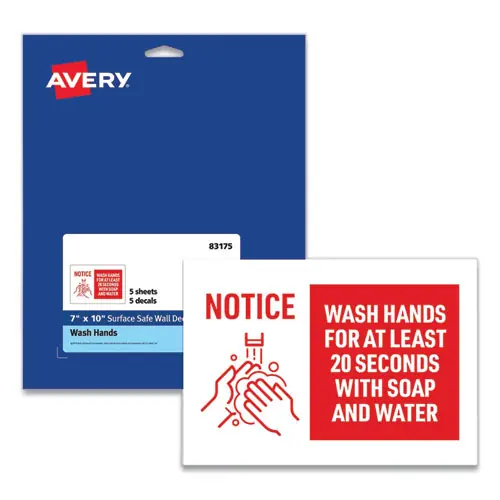 Avery® Preprinted Surface Safe Wall Decals, Wash Hands for at Least 20 Seconds, White/Red Face, Red Graphics, 5/Pack