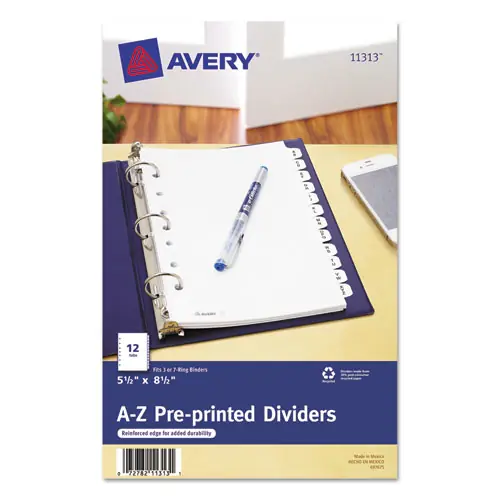 Avery® Preprinted Tab Dividers, 12-Tab, A to Z, White, Mini Size, 1 Set