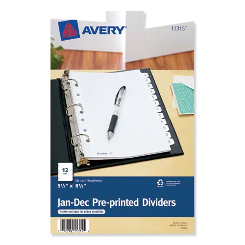 Avery® Preprinted Tab Dividers, 12-Tab, Jan. to Dec., 8.5 x 5.5, White