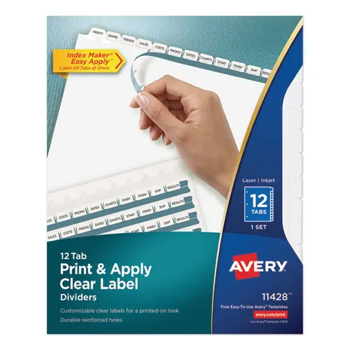 Avery® Print and Apply Index Maker Clear Label Dividers, 12-Tab, White Tabs, 11 x 8.5, 1 Set