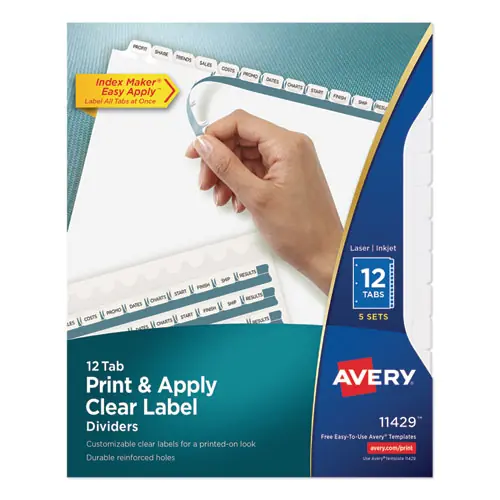 Avery® Print and Apply Index Maker Clear Label Dividers, 12-Tab, White Tabs, 5 Sets