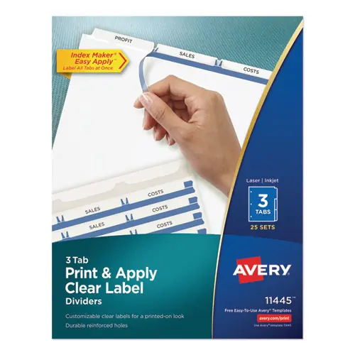 Avery® Print and Apply Index Maker Clear Label Dividers, 3-Tab, White Tabs, 11 x 8.5, 25 Sets