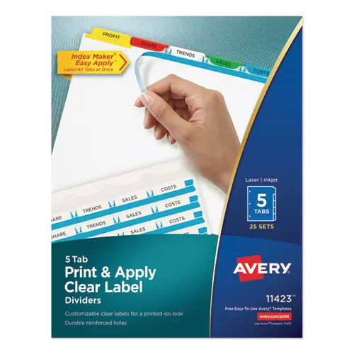 Avery® Print and Apply Index Maker Clear Label Dividers, 5-Tab, Color Tabs, 11 x 8.5, White, 25 Sets
