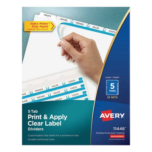 Avery® Print and Apply Index Maker Clear Label Dividers, 5-Tab, White Tabs, 11 x 8.5, White, 25 Sets