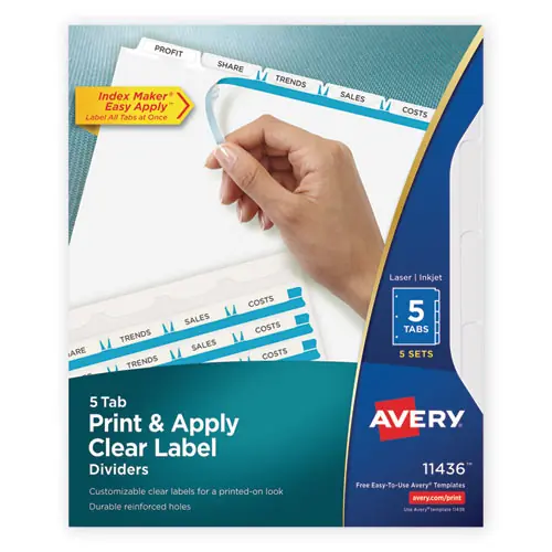 Avery® Print and Apply Index Maker Clear Label Dividers, 5-Tab, White Tabs, 11 x 8.5, White, 5 Sets