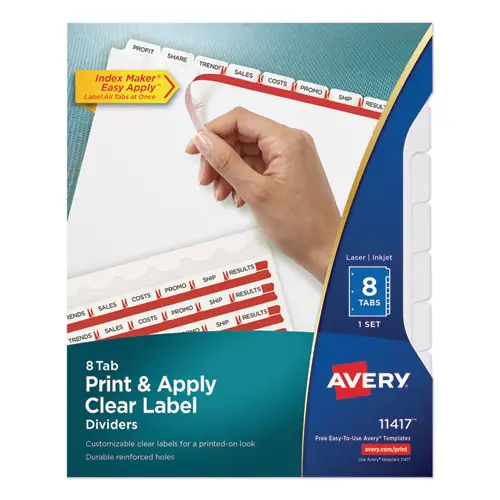 Avery® Print and Apply Index Maker Clear Label Dividers, 8-Tab, 11 x 8.5, White, 1 Set