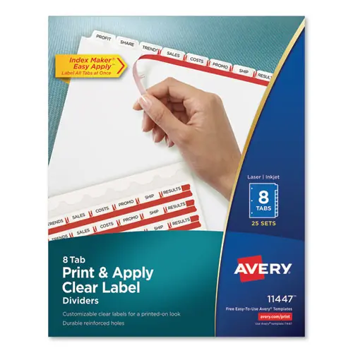 Avery® Print and Apply Index Maker Clear Label Dividers, 8-Tab, 11 x 8.5, White, 25 Sets