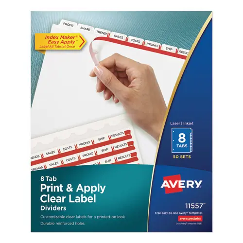 Avery® Print and Apply Index Maker Clear Label Dividers, 8-Tab, White, 50 Sets