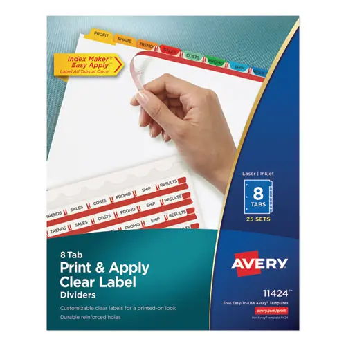Avery® Print and Apply Index Maker Clear Label Dividers, 8-Tab, Color Tabs, White, 25 Sets