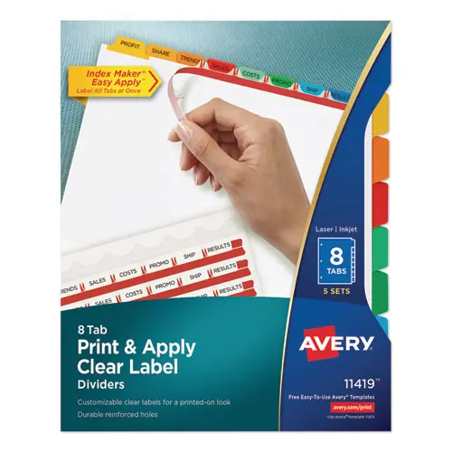 Avery® Print and Apply Index Maker Clear Label Dividers, 8-Tab, Color Tabs, 11 x 8.5, White, Traditional Color Tabs, 5 Sets