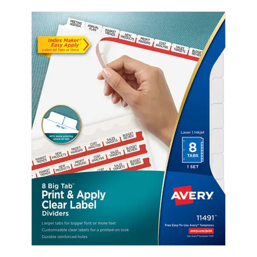 Avery® Print and Apply Index Maker Clear Label Dividers, Big Tab, 8-Tab, White, 1 Set